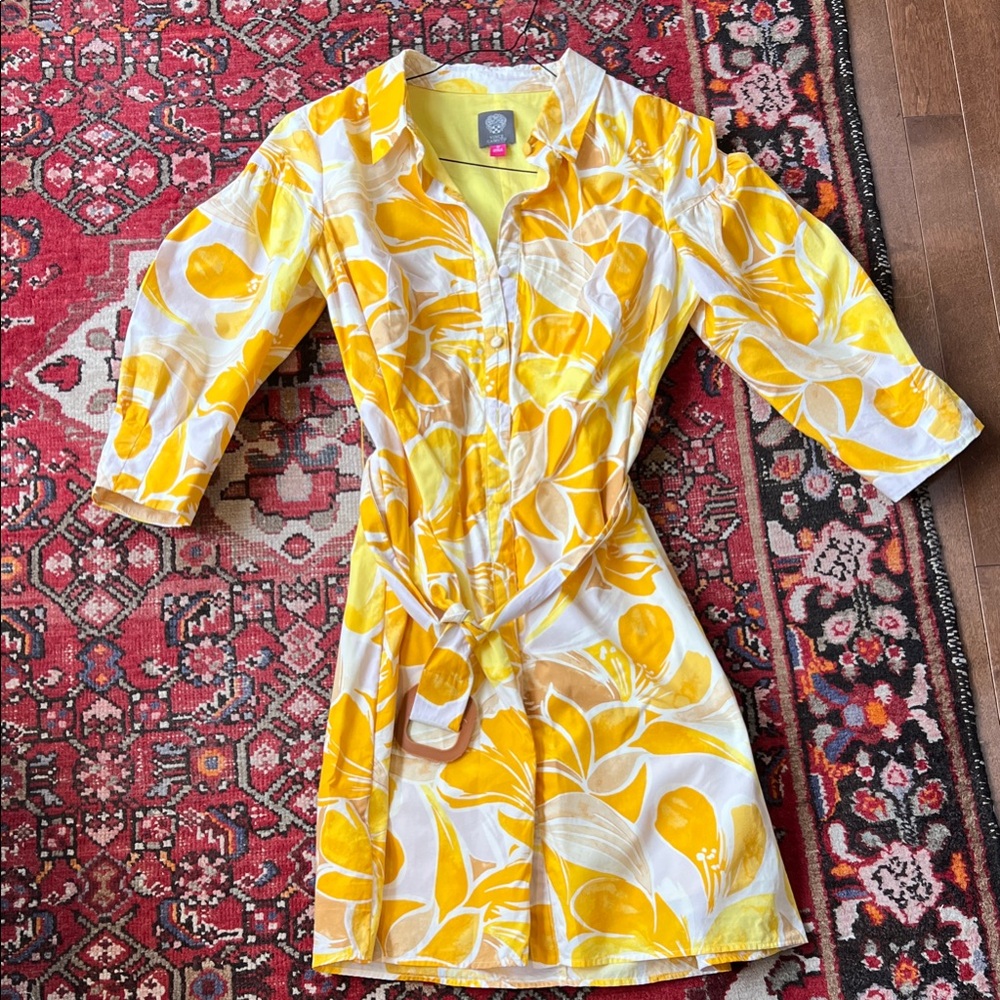 Vince Camuto Yellow and White Floral Tie-Waist Mini Dress